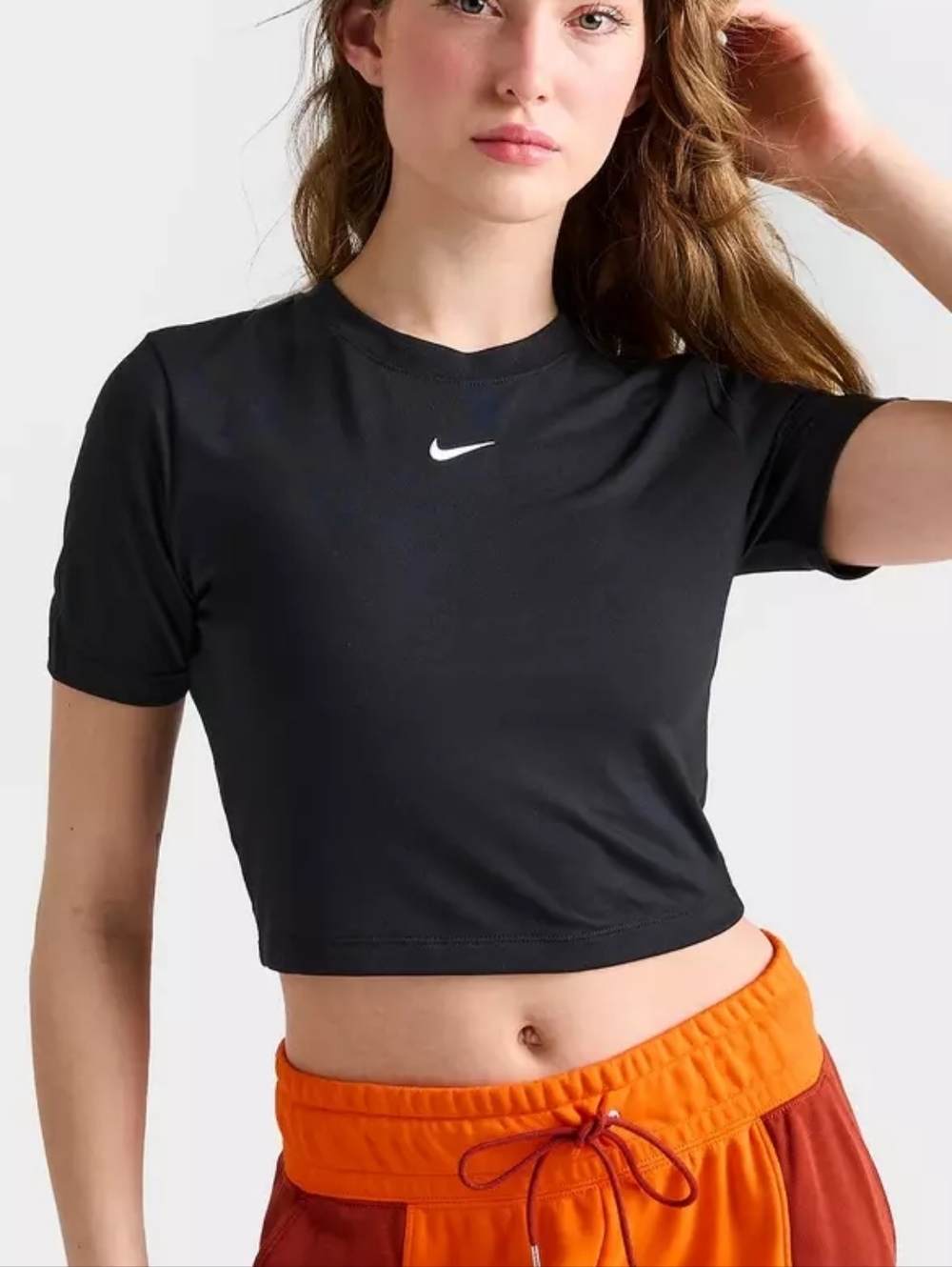 Nike Slim Fit Cropped Tee Black Swoosh Athletic Workout Top- Size L